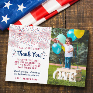 Little Firecracker 4th Of July 1st Birthday Photo Thank You Card