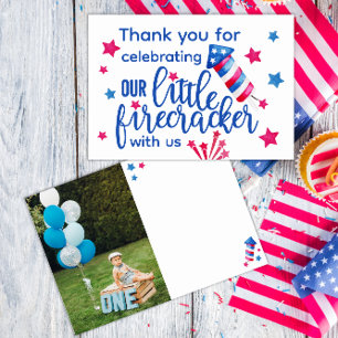 Little Firecracker 4th of July 1st Birthday Photo Thank You Card