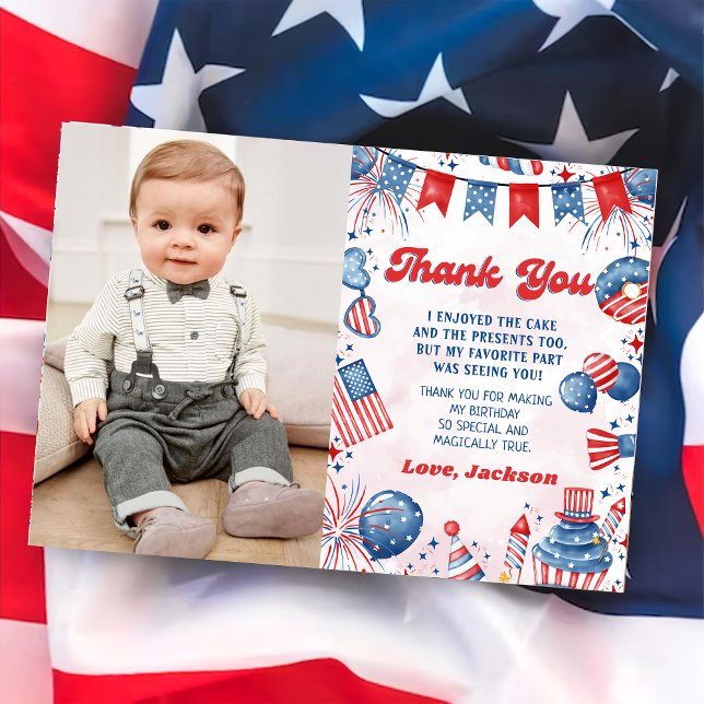 Little Firecracker 4th Of July Birthday Photo Thank You Card (Creator Uploaded)