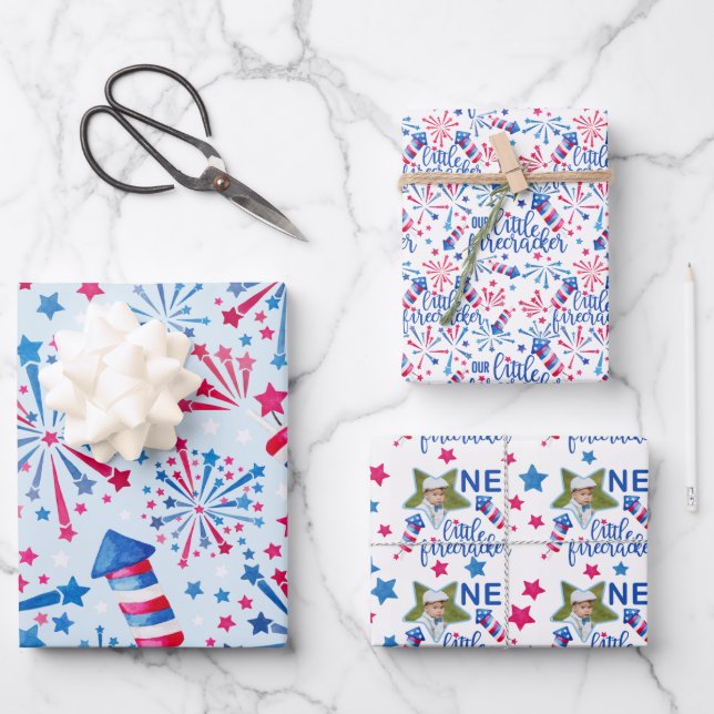 Little Firecracker 4th of July First Birthday Wrapping Paper Sheet (Front)