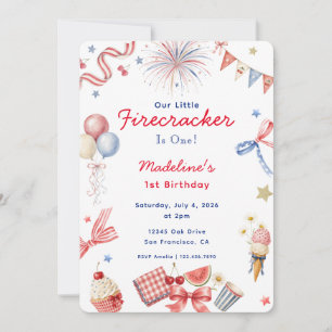 Little Firecracker 4th of July Girl 1st Birthday Invitation