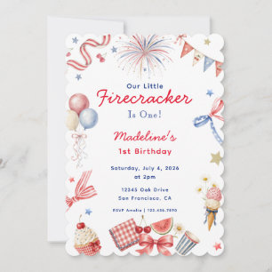 Little Firecracker 4th of July Girl 1st Birthday Invitation