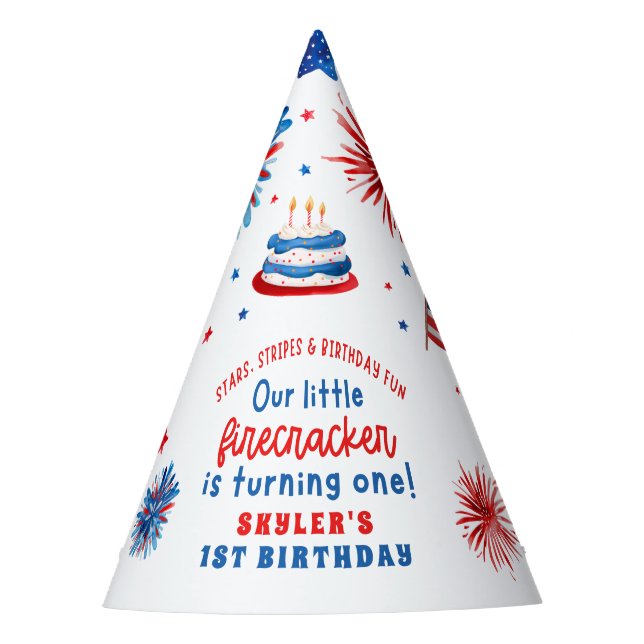 Little Firecracker 4th of July Summer 1st Birthday Party Hat (Front)