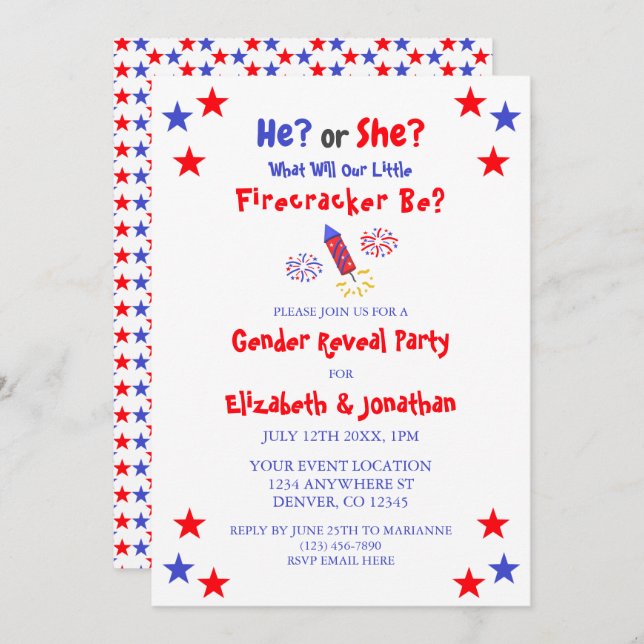 Little Firecracker American Gender Reveal Invitation (Front/Back)