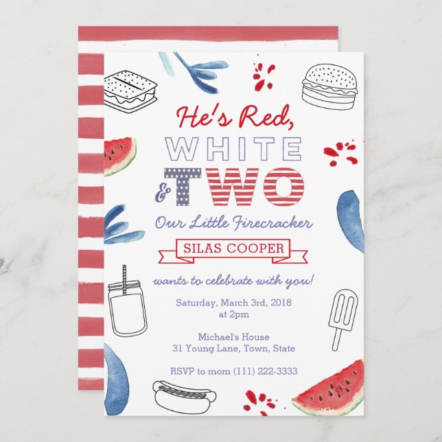 Little Firecracker Red White Blue 2nd Birthday Invitation (Front/Back)