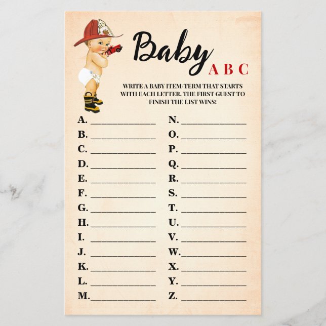 Little Firefighter Baby ABC Baby Shower Game Card (Front)