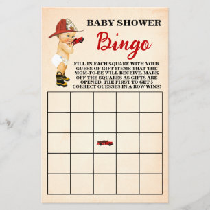 Little Firefighter Baby Shower Bingo Game Card