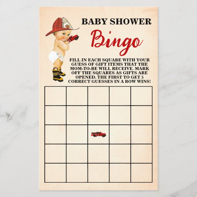 Little Firefighter Baby Shower Bingo Game Card (Front)