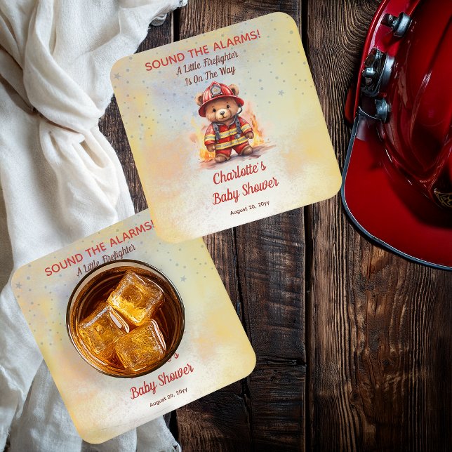 Little Firefighter Teddy Bear Baby Shower  Square Paper Coaster (Sound the Alarms!  A Little Firefighter Is On The Way Cute Teddy Bear Baby Shower Paper Coaster)