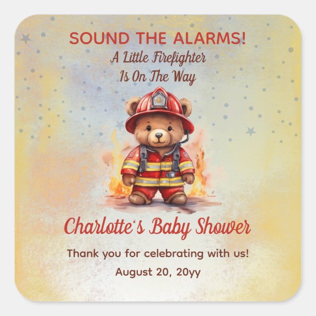 Little Firefighter Teddy Bear Baby Shower  Square Sticker (Front)