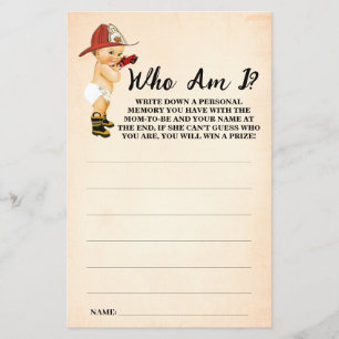 Little Firefighter Who am I Baby Shower Game Card