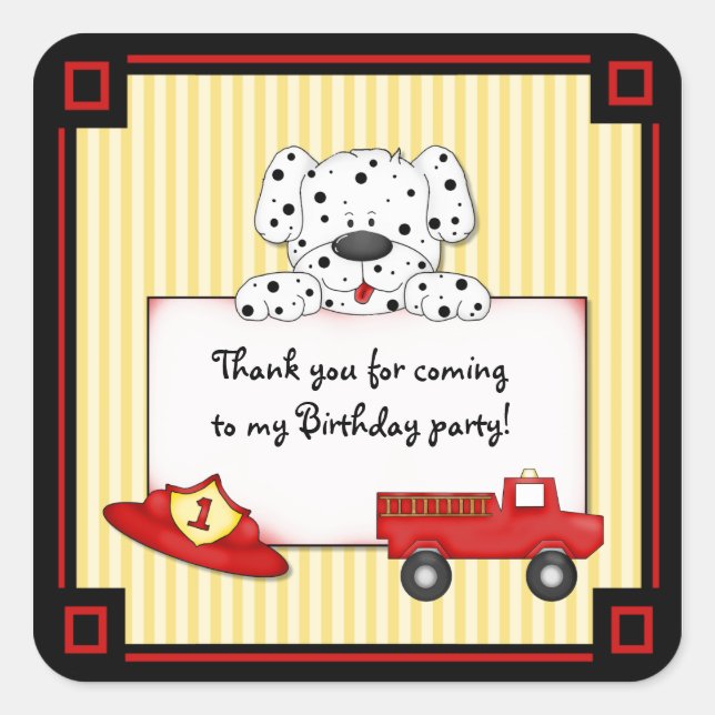 Little Fireman Dalmation - First Birthday Square Sticker (Front)