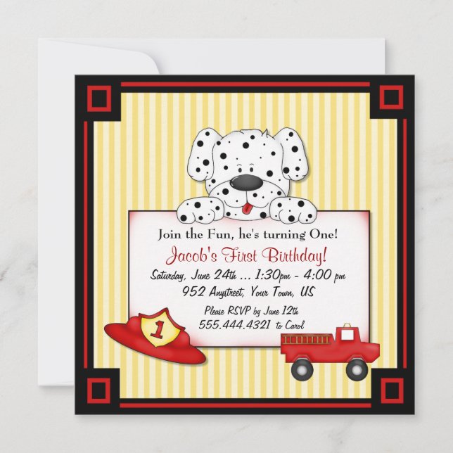 Little Fireman First Birthday Invitation (Front)