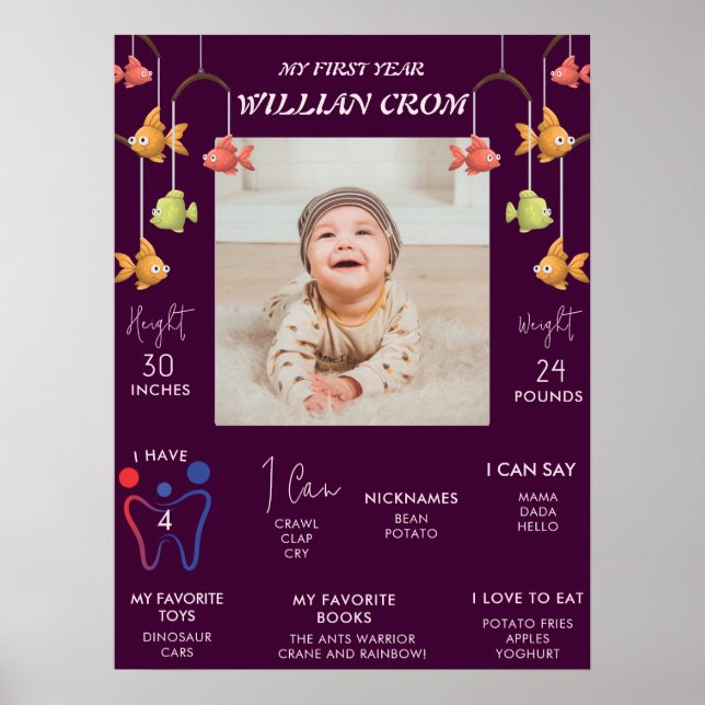 Little Fish Crimson 1st Year Birthday Milestone Poster (Front)