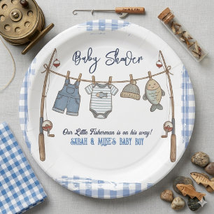 Little Fisherman Blue Gingham Fishing Boy Paper Plate