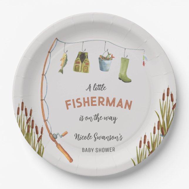 Little Fisherman Fishing Baby Shower Paper Plates (Front)
