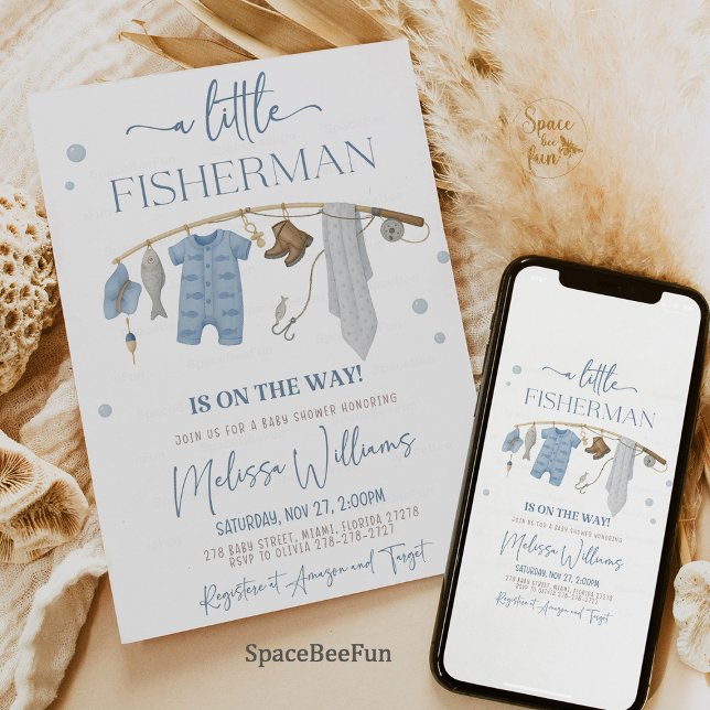 Little Fisherman Fishing Reel Baby Shower Invitation (baby shower invitation, fishing baby shower, little fisherman, rustic baby shower, gone fishing them)