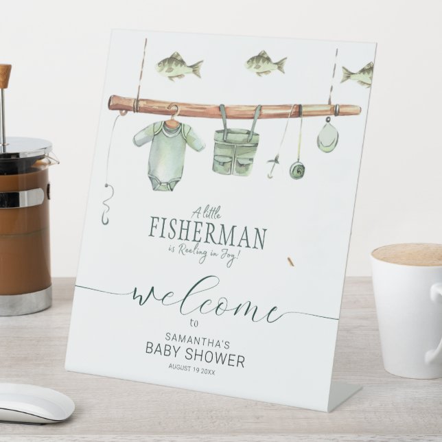 Little Fisherman Is Reeling In Joy Baby Shower Pedestal Sign (In SItu)