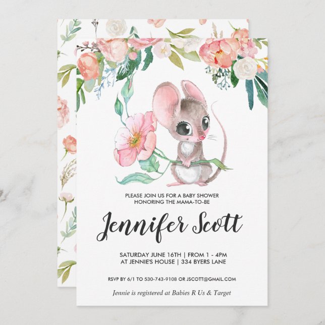 Little Floral Mouse Baby Shower Invitation (Front/Back)
