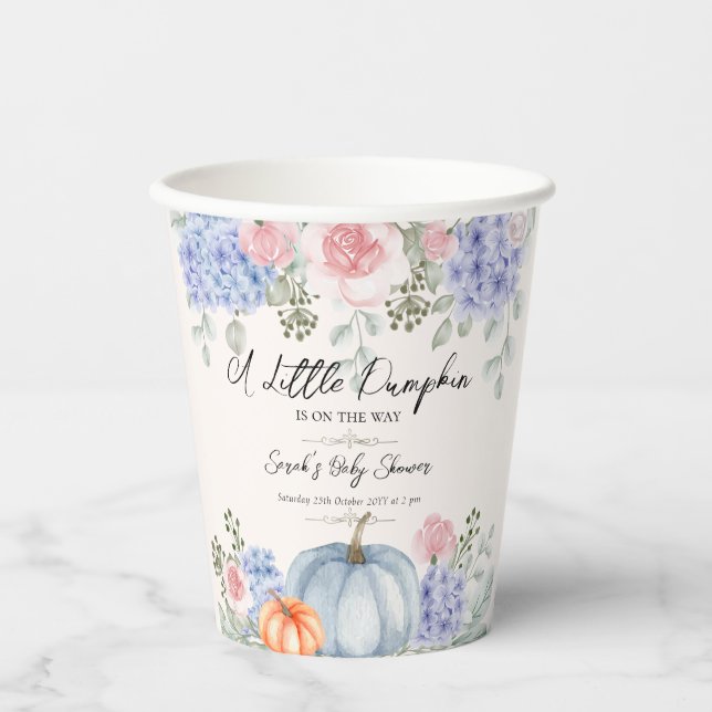 Little Floral Pumpkin Halloween Fall Baby Shower Paper Cups (Front)