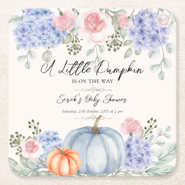 Little Floral Pumpkin Halloween Fall Baby Shower Square Paper Coaster (Front)