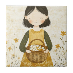 Little Flower Gatherer in Meadow Ceramic Tile