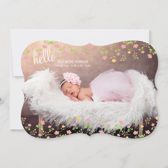 Little Flowers Pk and Yel Photo Birth Announcement (Front)