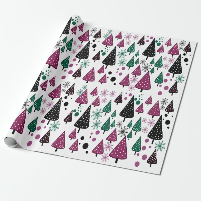 Little Forest Burgundy-Green wrapping paper  (Unrolled)