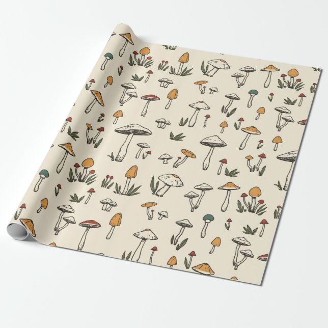 Little Forest Mushrooms on a Beige Background Wrapping Paper (Unrolled)