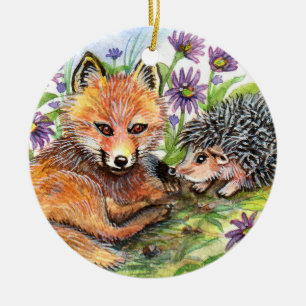 Little Fox And Hedgehog Ceramic Ornament
