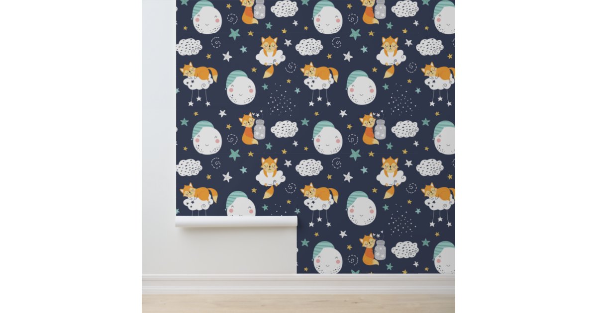 Little Fox Cute Moon Stars Kids Pattern Wallpaper Zazzle