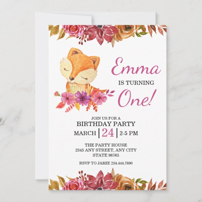 Little Fox Floral 1st Birthday Party Invitation (Front)