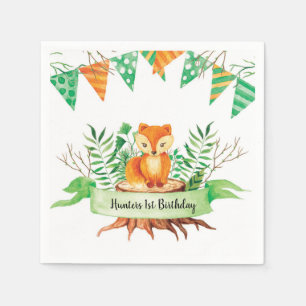 Little Fox Forest Watercolor Birthday Party Custom Napkin