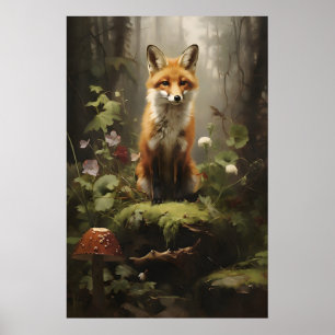 Little Fox In Forest Wall Print, Botanical Dark Poster