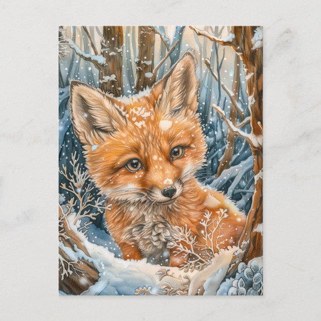 Little Fox in Snowy Forest Postcard (Front)