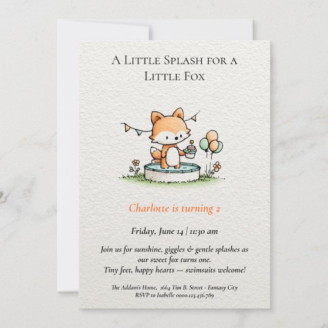 Little Fox Pool Party Birthday Invitation  (Front)