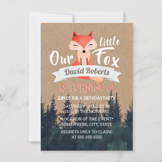 Little Fox Rustic Forest Birthday Party Invitation (Front)