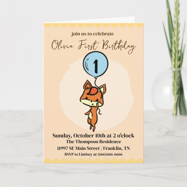 Little Fox with balloons 1st Birthday Invitation (Front)