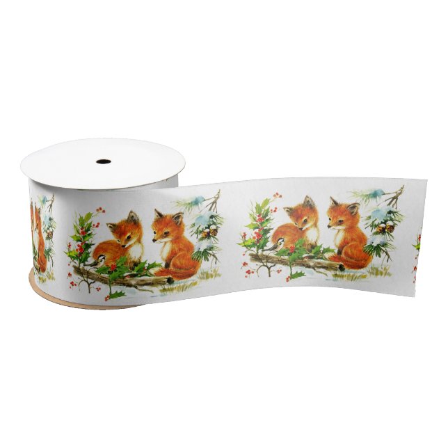 Little Foxes and Chickadee in the Snow Satin Ribbon (Spool)