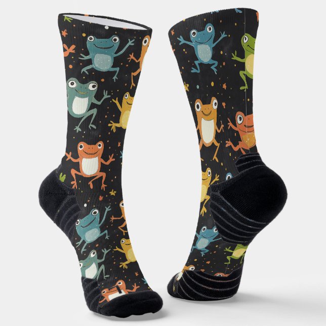 Little Frog Chalk Drawing Pattern Black Socks (Angled)