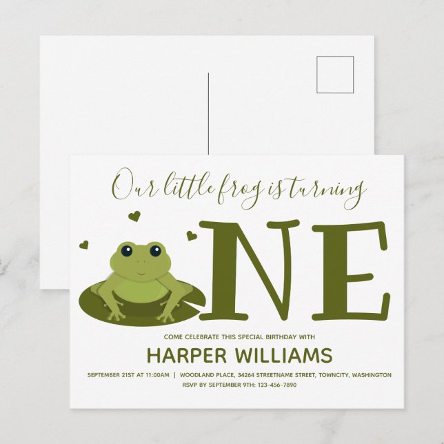 Little Frog Turning One Cute Animal First Birthday Invitation Postcard (Front/Back)
