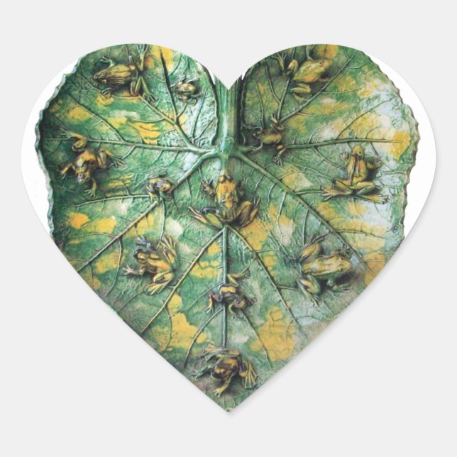 LITTLE FROGS ON A GREEN LEAF HEART STICKER (Front)