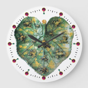 LITTLE FROGS ON A GREEN LEAF RED RUBY, White Large Clock