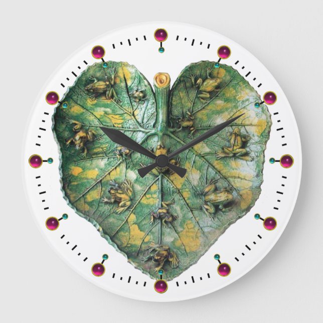 LITTLE FROGS ON A GREEN LEAF RED RUBY, White Large Clock (Front)