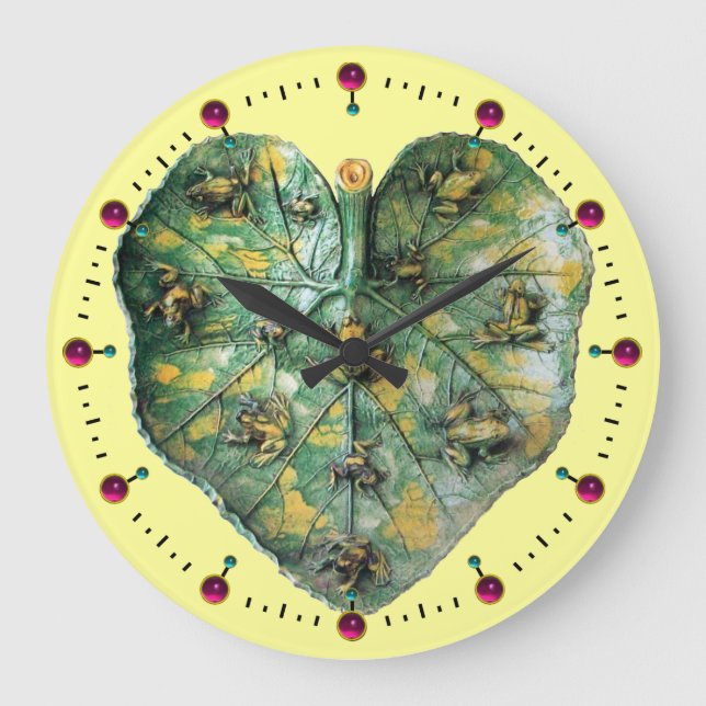 LITTLE FROGS ON A GREEN LEAF RED RUBY, Yellow Large Clock (Front)