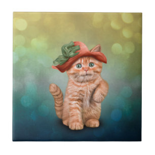 Little funny striped kitten in a big hat ceramic tile
