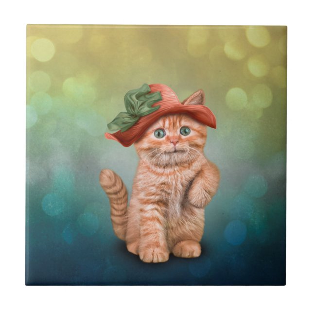 Little funny striped kitten in a big hat ceramic tile (Front)