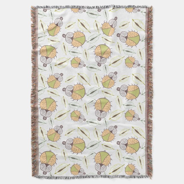 Little funny tick bug and leafs seamless pattern throw blanket (Front Vertical)