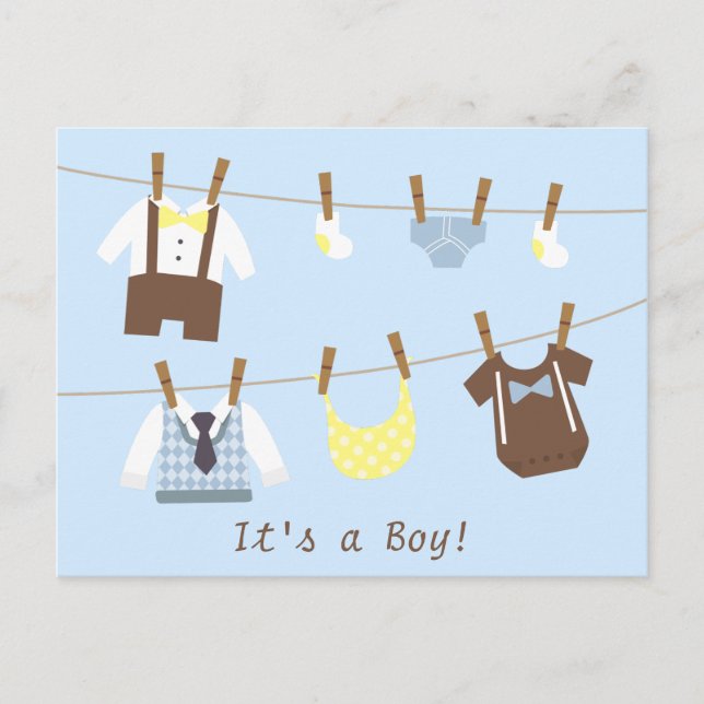 Little Gentleman Baby Boy Clothesline Announcement Postcard (Front)