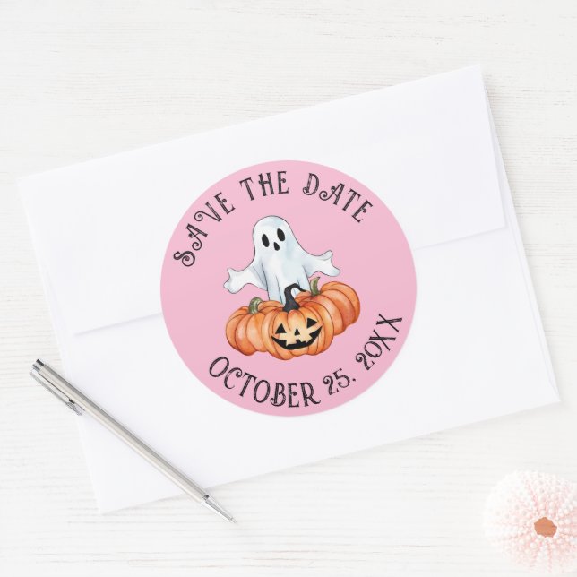 Little Ghost And Pumpkins Save The Date Classic Round Sticker (Envelope)
